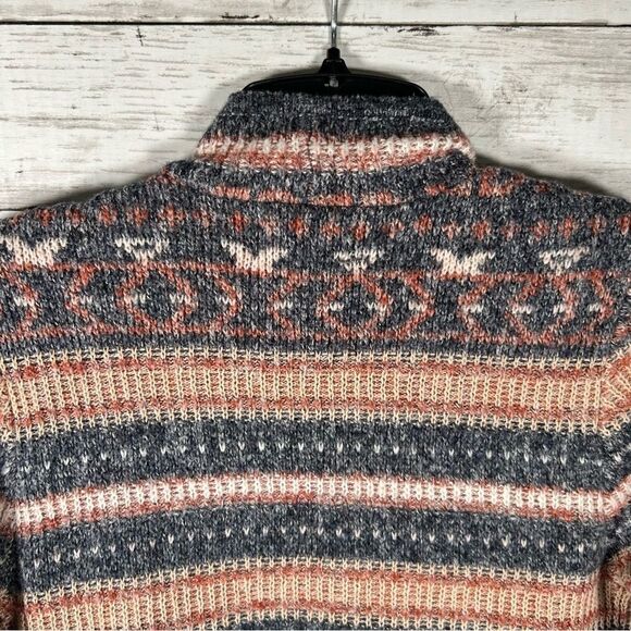 Lucky Brand Reversible Jacquard Open Front Navy Blue Peach Long Cardigan Small - Picture 9 of 9